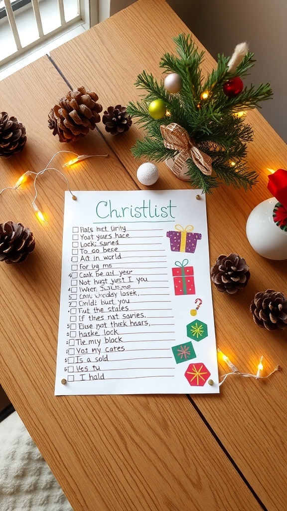 DIY Christmas Wishlist Ideas A DIY Christmas wishlist with colorful decorations and festive elements on a wooden table.